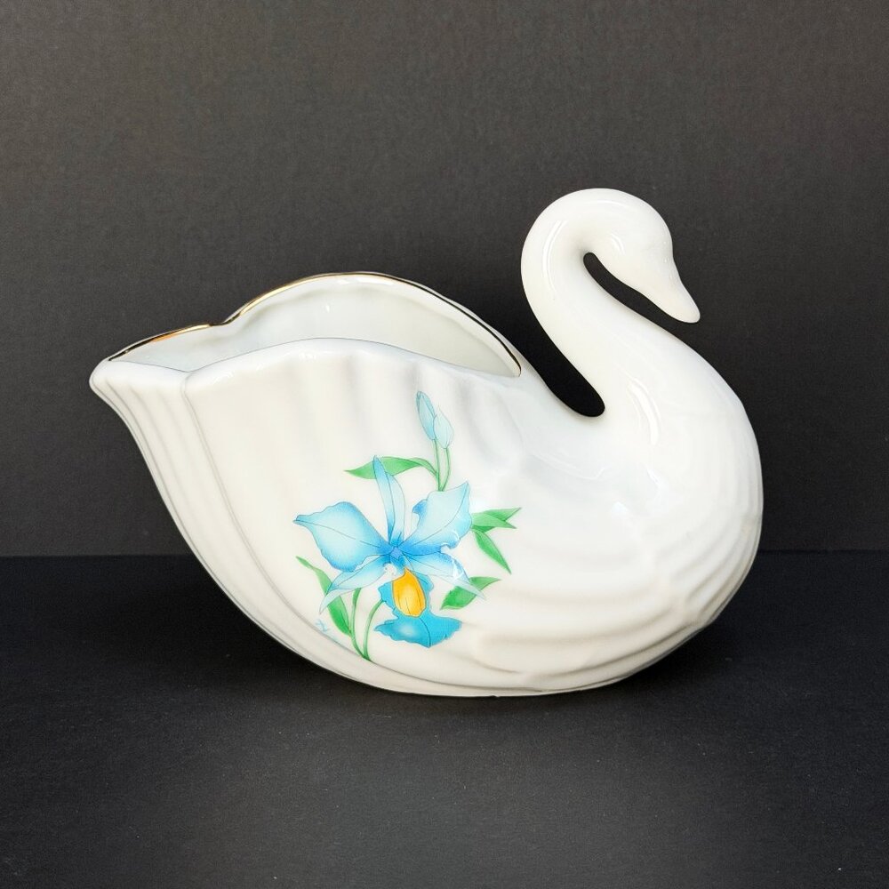 Beautiful Small Porcelain White Swan Bowl with Flowers - Swan Planter - Cottage
